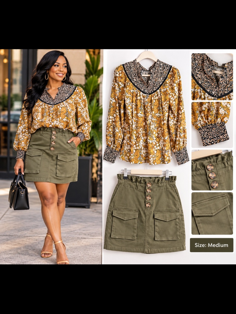 Black Label Olive Button-Front Cargo Mini Skirt